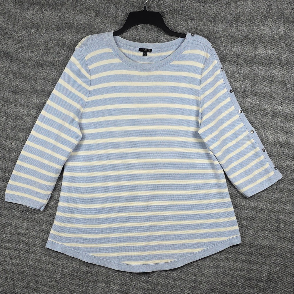 Talbots Women XLP Sweater Blue White Striped 3/4 Sleeve Button Shoulder